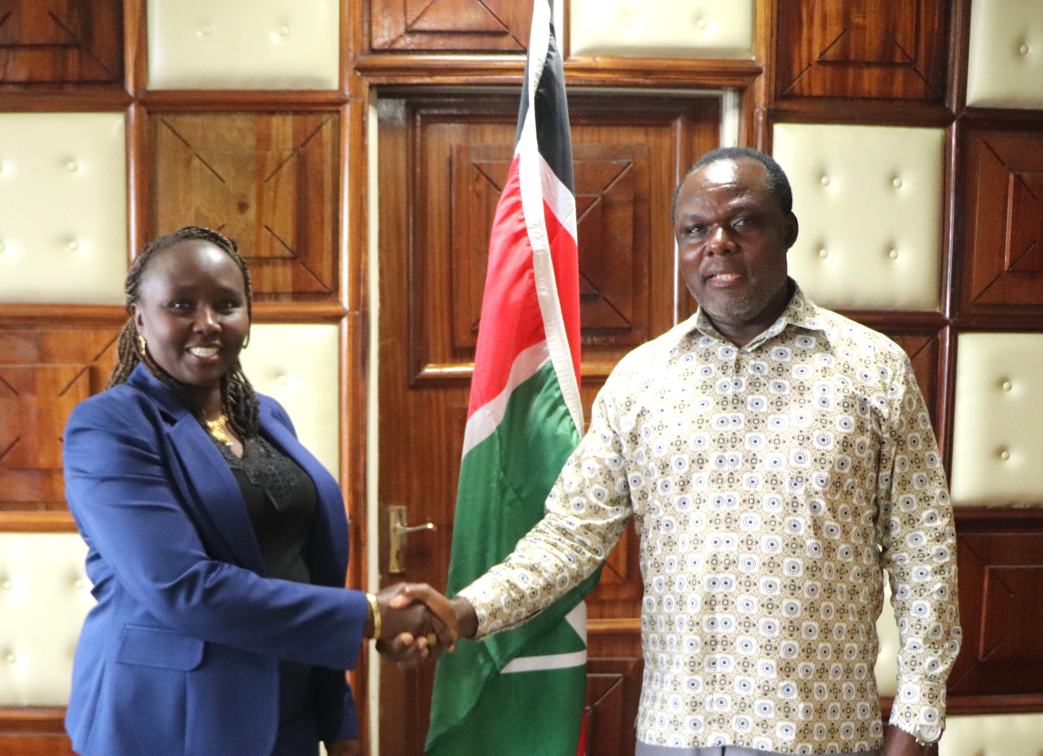 PS Industry Dr. Juma Mukhwana welcomes a newly sworn-in Chief Administrative Secretary Hon Lillian Lotuliatum in his office