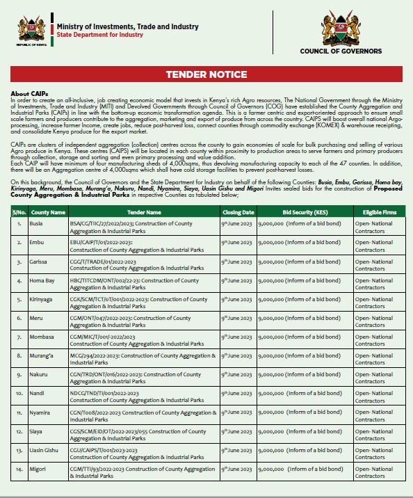 TENDER NOTICE for Proposed County Aggregation & Industrial Parks