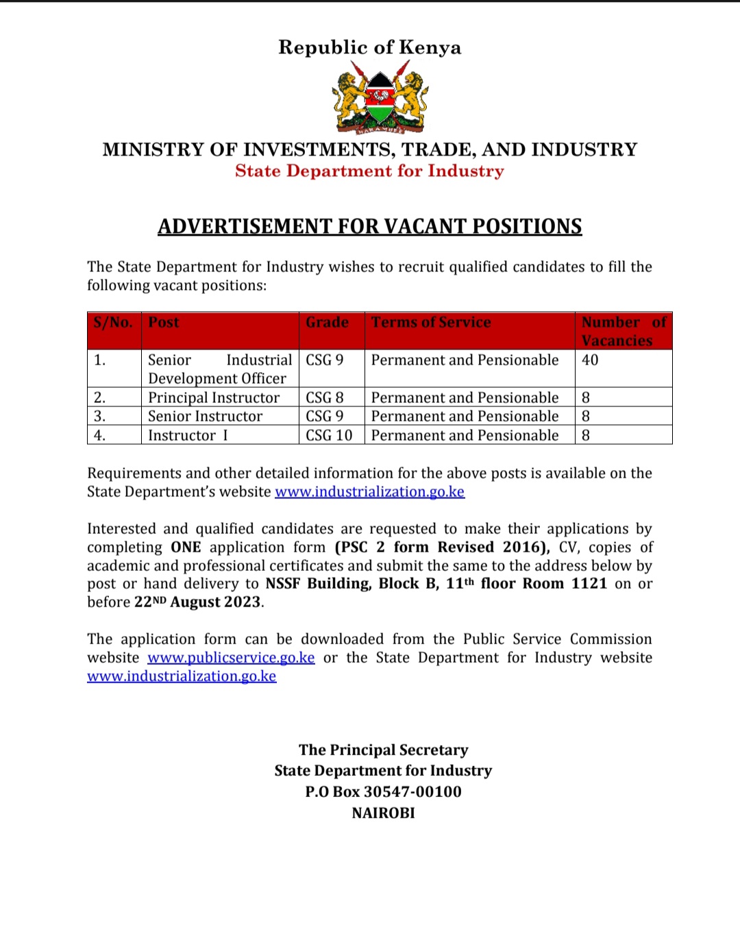 ADVERTISEMENT FOR VACANT POSITIONS 2023