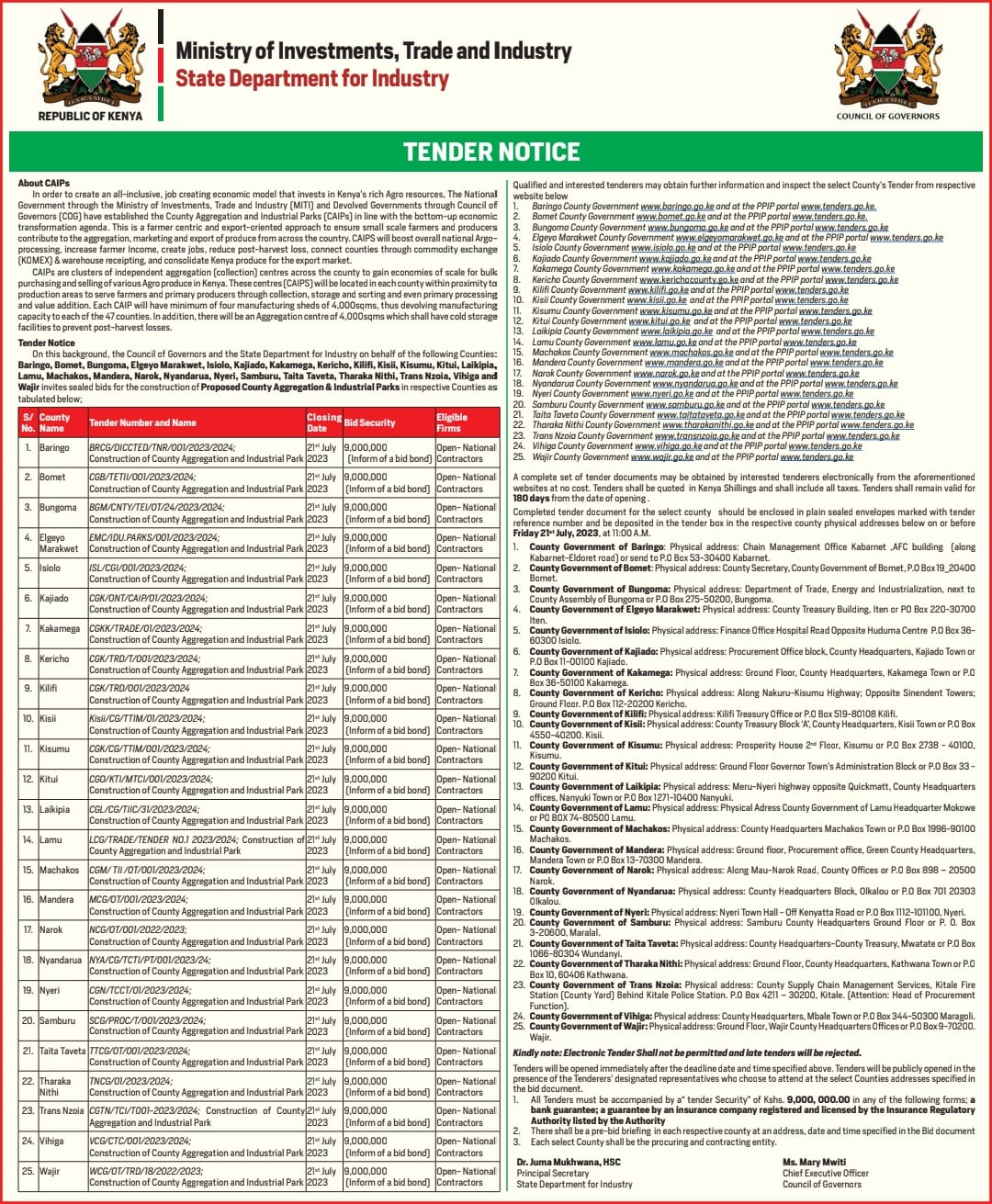 the launch of tenders for an additional 25 county aggregation and industrial parks across the country