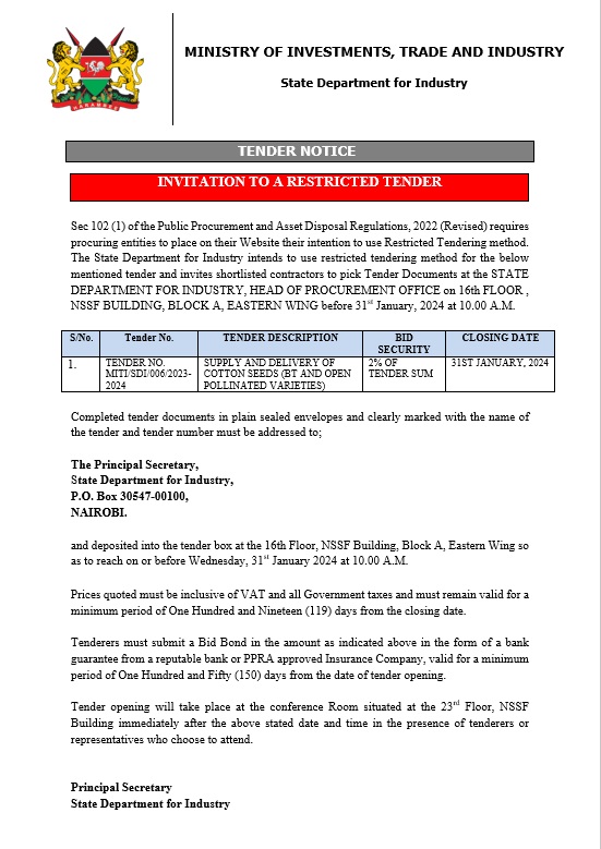 Tender Notice for BT Cotton