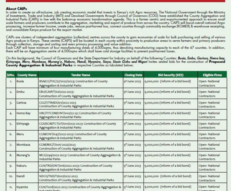 TENDER NOTICE for Proposed County Aggregation & Industrial Parks